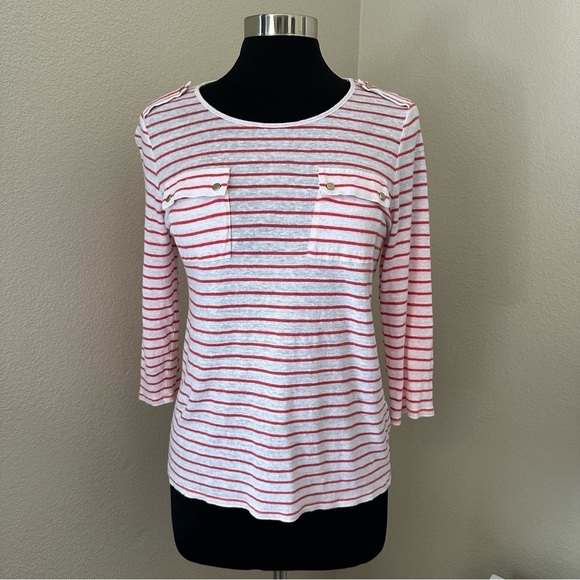Chico's Stripe Linen Pocket 3/4 Sleeves Red White Top - Picture 1 of 10